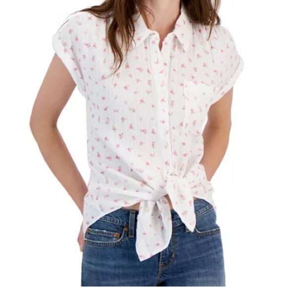 Hippie Rose Tops - Hippie Rose Junior’s Tie-Front Gauze Camp Shirt Floral White Button-Up Top Small
